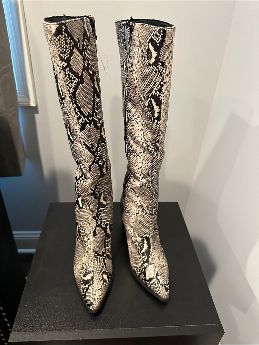 Snake Print Knee-High Block Heel Boots - Beige/Black - Picture 3 of 3